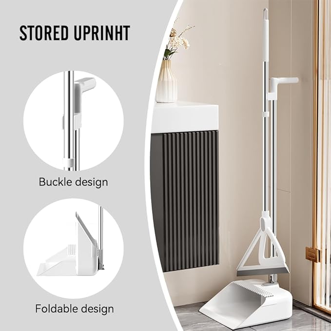 Household Broom with Dustpan, Squeegee Broom for Floor, Aluminum Handle for Floor, Glass, and Tile (White M1)