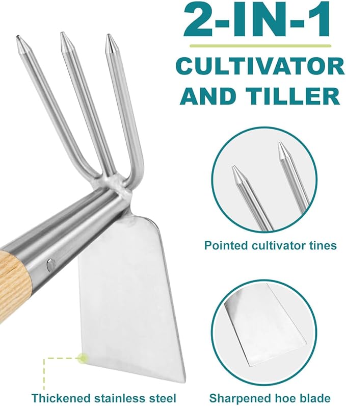 Hoe and Cultivator Garden Rake Hand Tiller Tool Wood Handle Double Sided Cultivator Versatile Tool for Digging,Loosening Soil,Weeding,Breaking Up Soil,Cultivating,Preparing Seedbeds Combination Garden