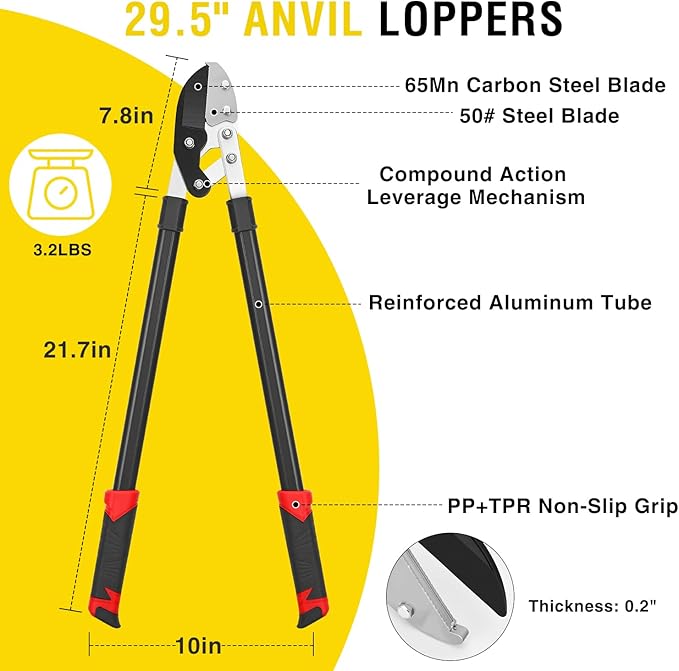 Yesker 29.5" Loppers Heavy Duty Tree Trimmer Sharp Anvil Blade Bypass Loppers up to 1.6 Inch Dia Cut Capacity Compound Action System Limb Branch Cutter Ideal for Tree Trimming Garden Maintenance