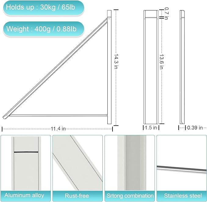 Wall Mounted Drying Rack, Foldable Clothes Airer Rack Heavy Duty 65 lbs, No Drill Space Saving Aluminum Laundry Organizer for Indoor Outdoor, Balcony, Apartment (White)