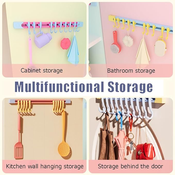 Utility Slide Rail Hook,Under Cabinet Kitchen No Punching Hooks for Hanging Utensil,Bathroom Bedroom Office Wall Door Rack with 10 Hooks,2Pieces