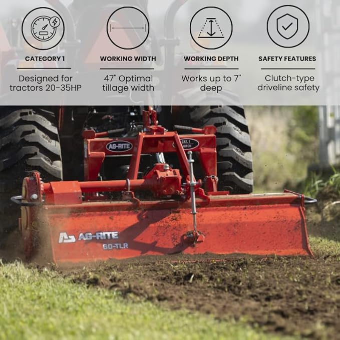 48" Rotary Tiller – Gear-Driven 3-Point Tiller for Tractors 20-35 HP, 36 Heavy-Duty Tines, Max 6.89” Depth – PTO Powered Category 1 Tiller for Gardens, Farms & Landscaping