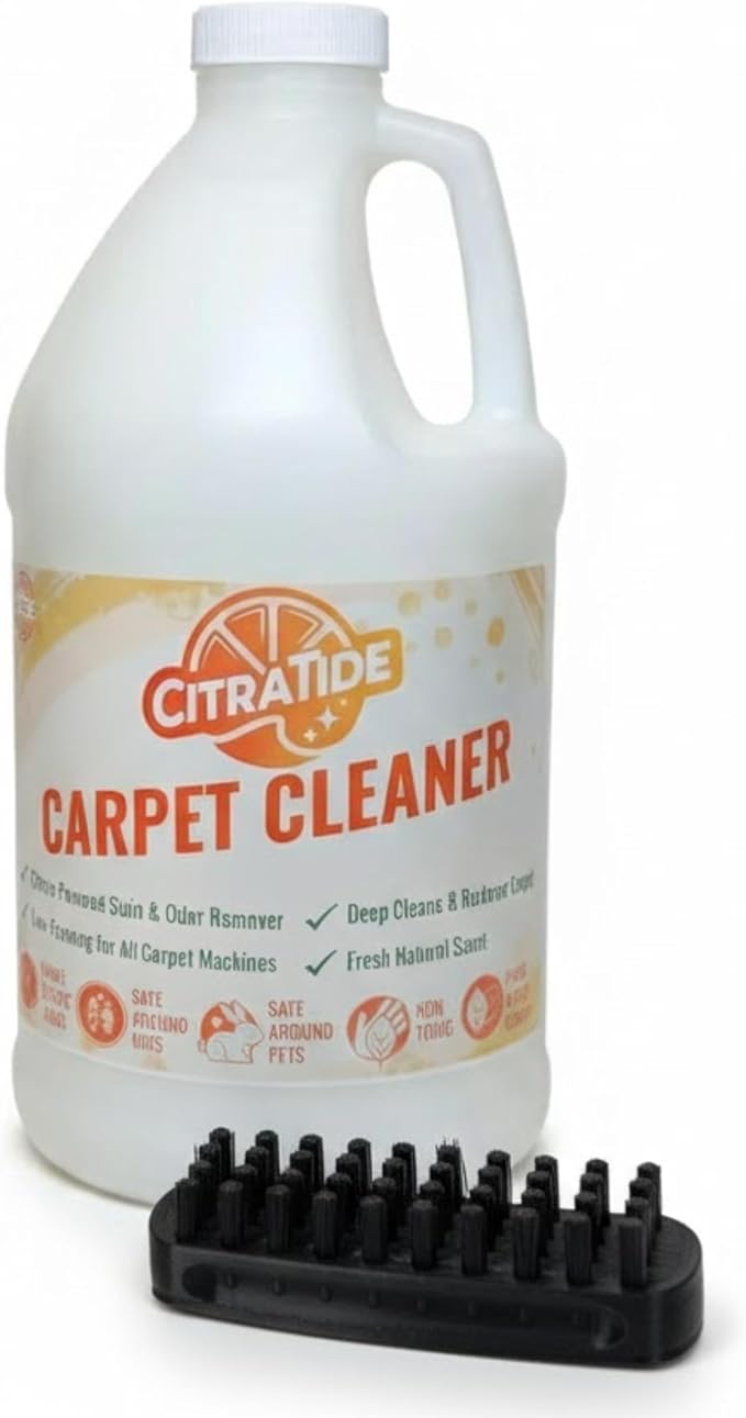 Carpet Cleaner Concentrate + Free Scouring brush – USA Made Enzymatic Citrus Formula for Carpets, Rugs & Upholstery – Eco-Friendly Pet Safe Deep Cleaner