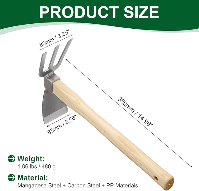 HARFINGTON Garden Hoe and Cultivator 15" Steel Hoe Garden Tool Anti-Rust with Non-Slip Wooden Handle Lightweight Hand Tiller for Backyard Loosening Farm Planting Weeding