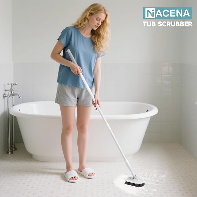 nacena Shower Scrubber with Long Handle, 4 in 1 Tile Tub Scrubber Brush with 3 Detachable Cleaning Shower Heads and Floor Squeegee Shower Cleaner Brush for Bathroom Kitchen Tub Sink Floor, Grey White