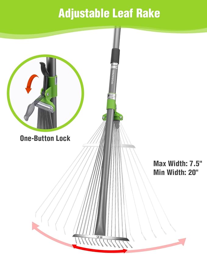 WORKPRO Leaf Rake for Gardening, Adjustable Metal Garden Rake for - Collapsible & Telescopic, Long Handle 32”- 63”, Heavy Duty Metal Rakes Tool for Garden, Yard, & Lawn