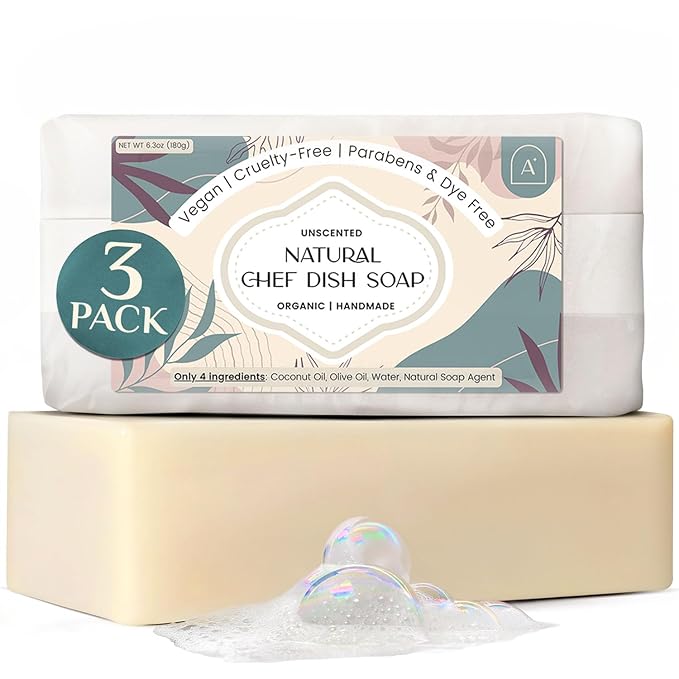 All Natural Dish Soap Bars - Bar Soap for Dishes, Biodegradeable Dish Soap Block, Kitchen Soap, All Natural Non Toxic, Low Waste Kitchen Dishwashing Bar Soap-Unscented, (3 Pack, 6.3oz)