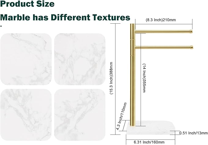 Hand Towel Holder, F-Shape Hand Towel Stand with Marble Base, Stainless Steel Swivel Hand Towel Rack Bar Standing for Bathroom Kitchen Countertop, 2 Arms (Gold)
