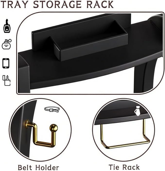 Suit Valet Stands for Women and Men, Wood Valet Stand with Base, Wardrobe Suit Valet Stand Organizer with Trouser Bar and Tie Bar, for Office Living Room (Black)