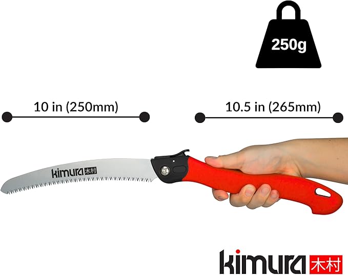 Kimura Folding Saw, Heavy Duty 10 Inch Curved Blade, Japanese SK5 Steel, Hand Saws for Branches, Wood & Camping, Pruning Saw with Impulse Hardened Double Layer Edge