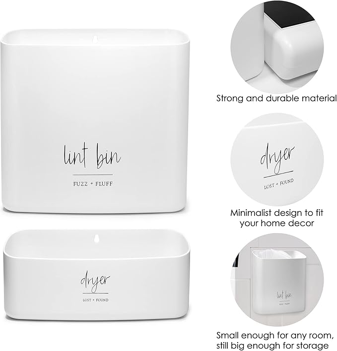 Magnetic Lint Bin for Laundry Room Organization and Storage (2 Piece Set), Waste Holder and Storage Decor, Saves Space with Magnet Mount onto Dryer or Wall Mount Options