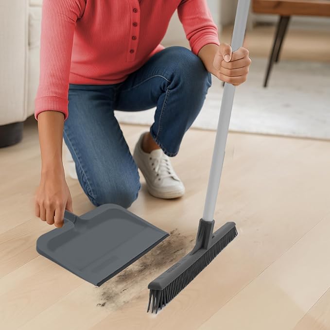 Superio Clip-On Dustpan with Rubber Lip - 10-inch Wide Durable Plastic Dust Pan with Comfort Grip Handle, Grey, 3-Pack