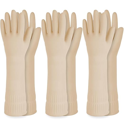 Reusable Waterproof Household Dishwashing Cleaning Rubber Gloves, Non-Slip Kitchen Glove (Ivory, Large (Pack of 3))