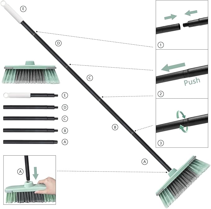 Indoor Broom Soft Bristle Brooms - Brooms for Sweeping Indoor Pet Hair, House Broom for Cleaning Hardwood, Tile, and Decking Surfaces Across.（Green）