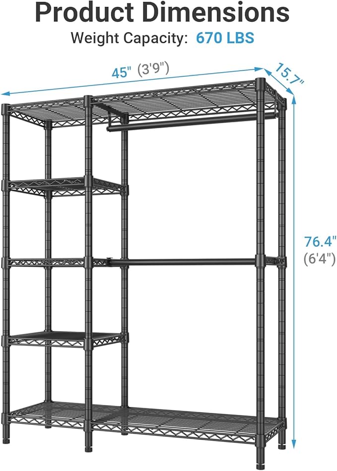VIPEK V7C Garment Racks with Cover Portable Closets for Hanging Clothes, Heavy Duty Clothes Rack with Shelves Metal Closet Wardrobe, Max 670lbs, Black Rack with Grey Upgraded Polyester Cover