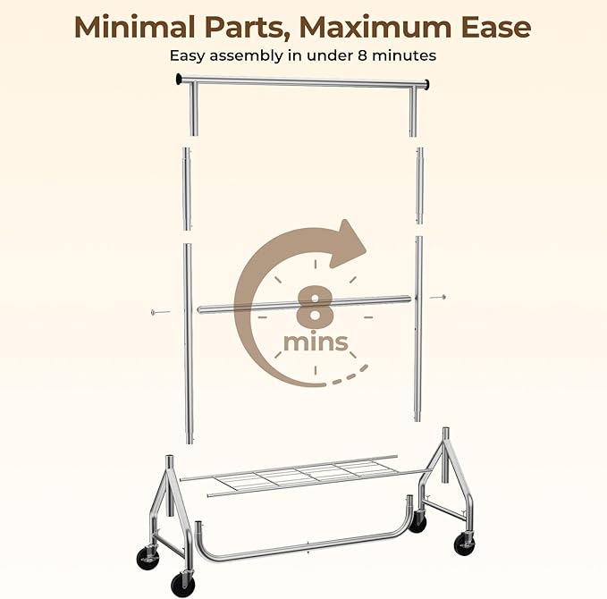 HYSEYY Heavy Duty Clothes Rack, Double Rod Clothing Rack for Hanging Clothes, Rolling Garment Rack, Adjustable Freestanding Wardrobe Closet Coat Rack for Bedroom Laundry Living Room, Silver