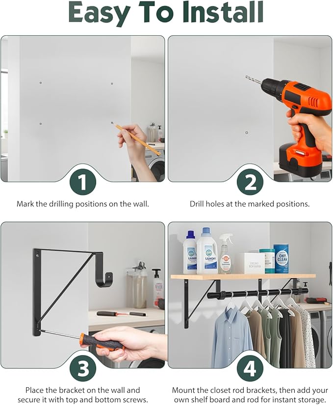 Supforce 2 Pack Closet Rod Bracket, Heavy Duty Closet Rod Support with Rod Holder, Wall Mounted Closet Shelf Brackets with Triangle Stabilizing Design for Closet, Bathroom and Kitchen, Black