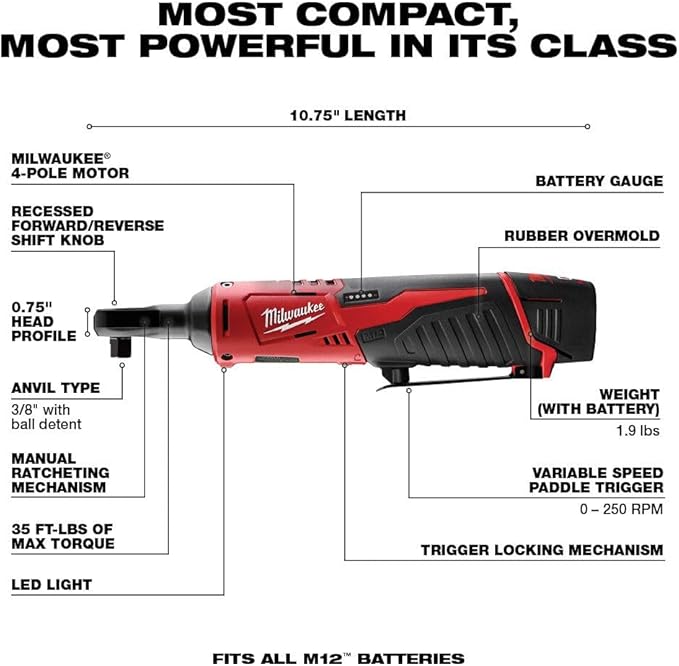 Milwaukee 2457-21 3/8-in Cordless M12 Lithium-Ion Ratchet Kit