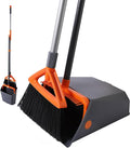 Heavy Duty Outdoor Broom and Dustpan Set with Long Handle, Standing Dustpan & Split-End Bristles for Patio, Garage, Deck, Leaves Debris Cleaning