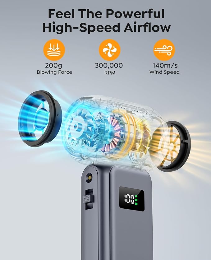 Compressed Air Duster, 300000RPM Super Power Electric Air Duster, 0-100 Adjustable Speed with LED Light, Powerful Electric Duster for Car Cleaning, Electronics & Outdoor Gear, Portable Turbo Blower