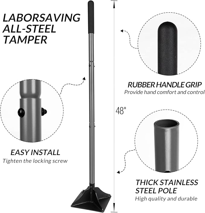 Walensee Steel Tamper with 48 inch Handle 8"x8" Garden Tamper with Rubber Grip All-Steel Heavy Duty Tamper Tool for Leveling Ground Gravel Soil Asphalt Sand Installing pavers and Repairing Blacktop