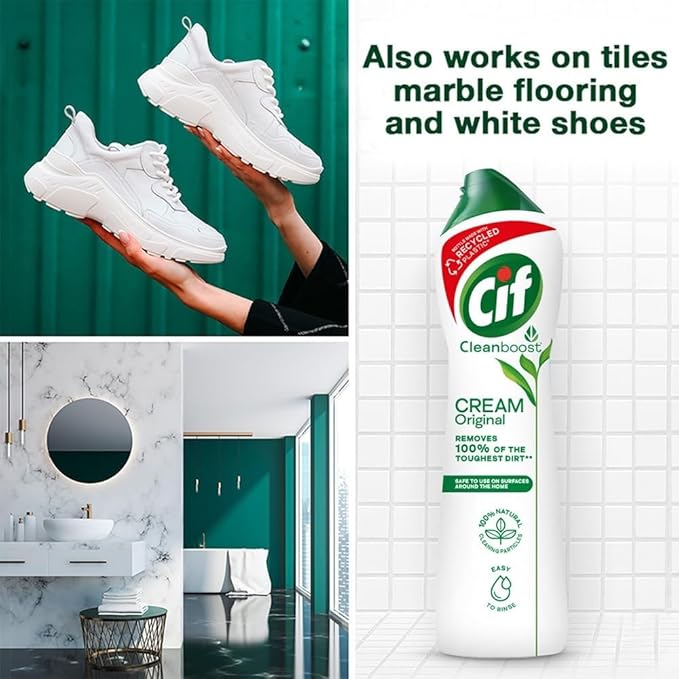Cif Original Multipurpose Surface Cleaner Cream for Kitchen & Bathroom, Ocean Breeze Scent, 100% Dirt Removal with Natural Cleaning Particles, 2x500ml