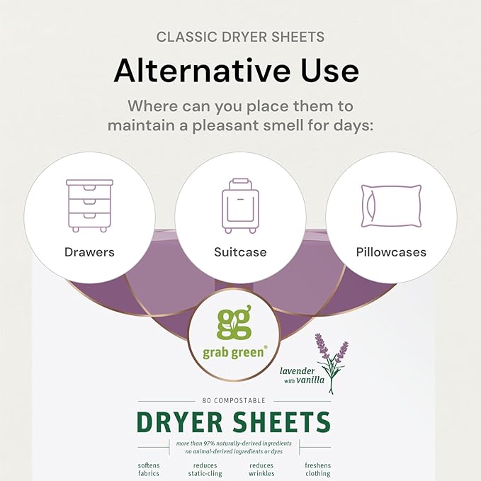 Grab Green Dryer Sheets, 80 Sheets, Gardenia Scent, Plant and Mineral Based, Compostable, Softens Fabrics, Reduces Static Cling and Wrinkles