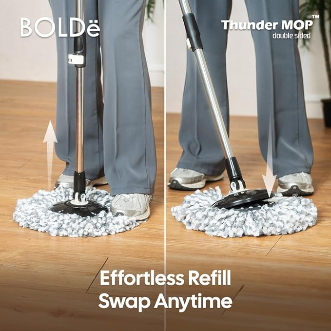 Thunder Mop Spin System - Double-Sided - 2 Compact Stackable 6L Buckets, Microfiber Head, Stainless Steel Wringer, Antifungal Quick-Dry Cleaning, Soap Dispenser, 3 Free Refills (Black/Pink)