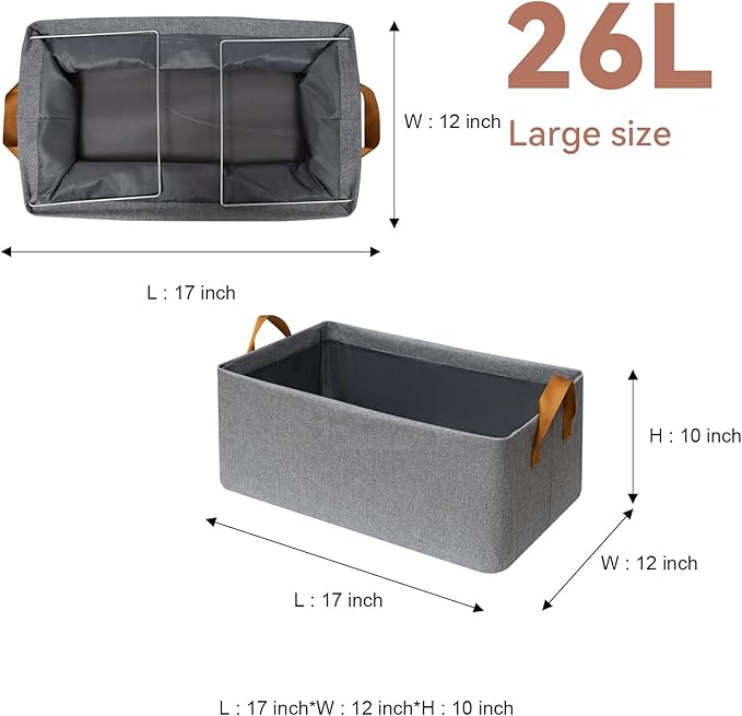 SNWDN 4 Pack Closet Cloth Storage Bins for Shelves,Large Storage Baskets for Shelves,Fabric Bins for Closet organization with Handles（Grey 17''L x 12''W x 10''H）