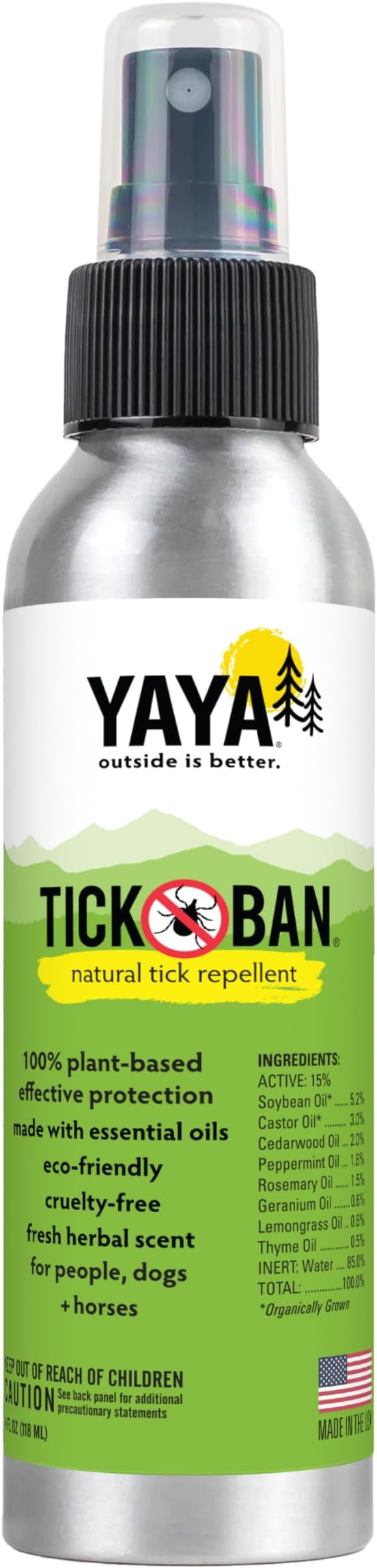 Yaya Organics All Natural Extra Strength Tick Repellent DEET Free - 4 Ounce Spray Bottle