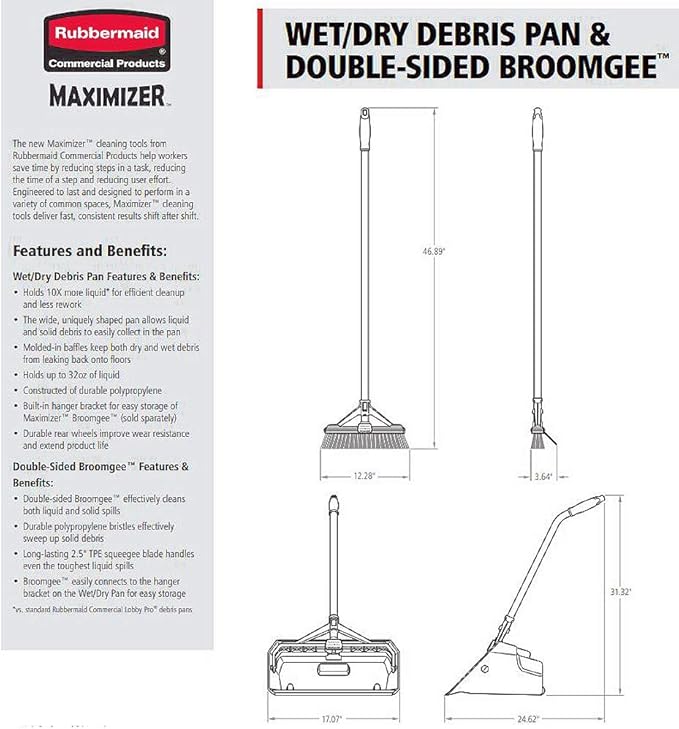 Rubbermaid Commercial Products Maximizer Wet/Dry Debris Dustpan with Hanger Bracket, Black, Outdoor/Indoor for Wet and Dry Floor Cleaning, Compatible with and Broom/Squeegee