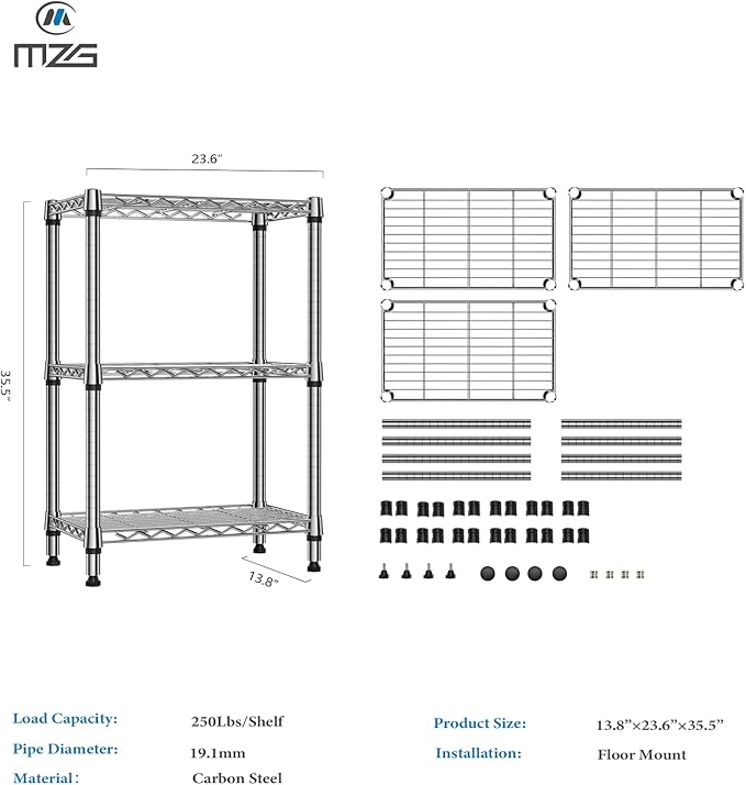 M MZG 750 lbs 3 Tier Shelf Metal Storage Shelves Shelving Wire Rack Heavy Duty Closet Organizers for Garage Kitchen Bathroom Laundry Chrome 13.8" D x 23.6" W x 35.5" H