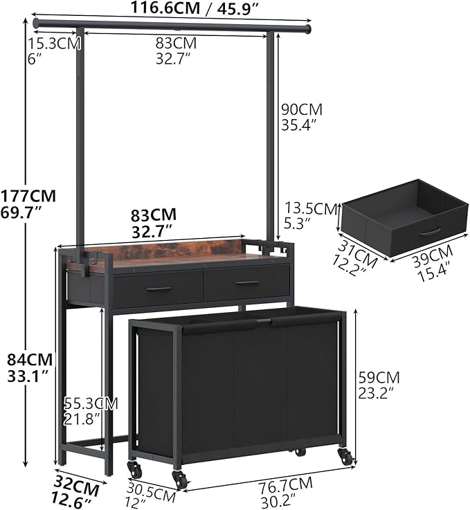 STIKELY Laundry Sorter Hamper with Hanging Cloth Rack, Laundry Basket with 3 Section Pull-Out Rolling Bags, Laundry Sorter for Organization and Storage with 2 Drawers for Laundry Room (Vinatge Brown)