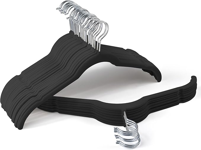 Sishynio Premium Velvet Hangers 30 Pack - Space-Saving Closet Organizer for Clothes, Non-Slip Flocked Design, Ideal for Shirts and Coats (Black)