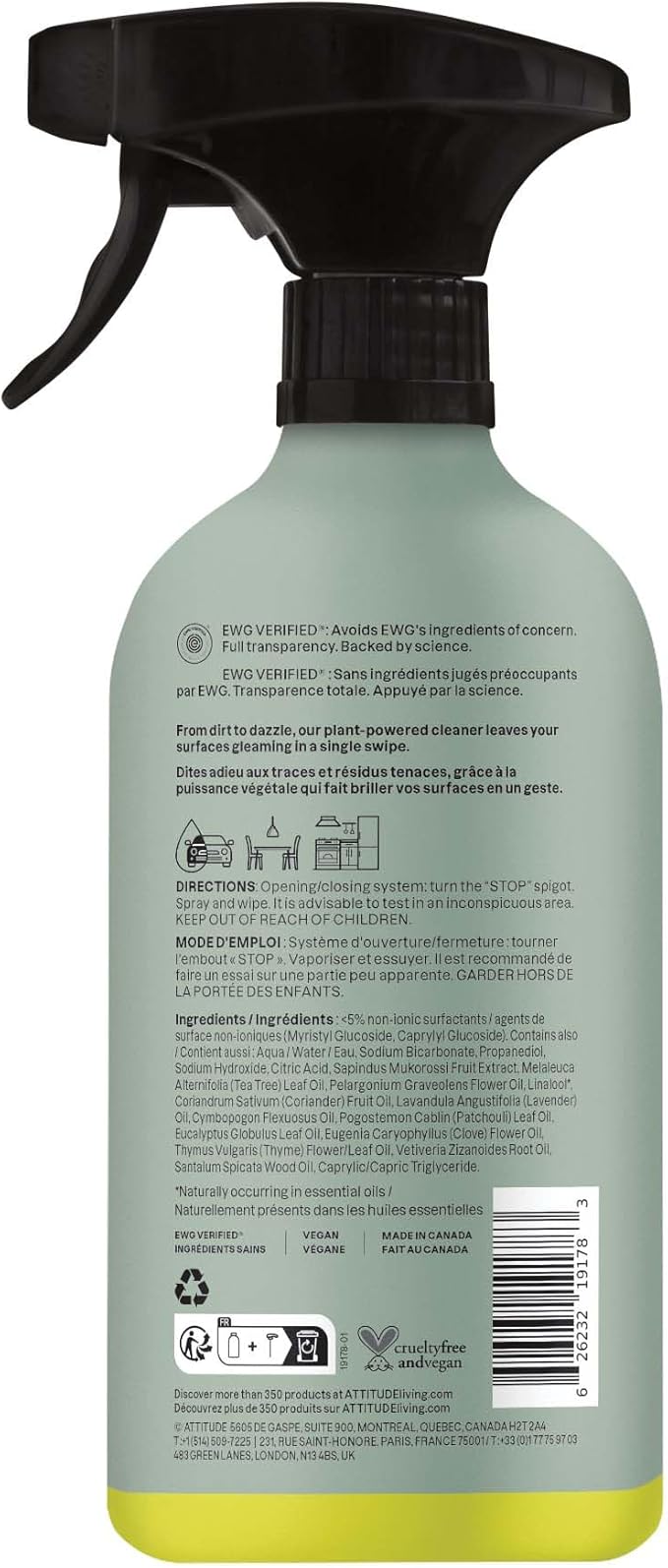 ATTITUDE All-Purpose Cleaner Spray, Natural Origin Ingredients, EWG Verified, Removes Fingerprints, Dust and Dirt, Streak-Less, Geranium & Lemongrass, 26 Fl Oz (Pack of 3)