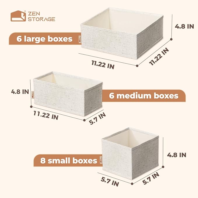 Cotton Linen Drawer Organizers for Baby Clothes, 20Pack Multi-Size Nursery Dresser Dividers for Clothes, Premium Foldable Storage Bins for Bedroom, Closet and Diaper Table, Beige