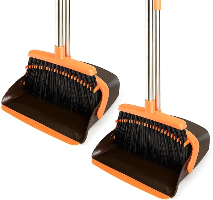 2-Pack Broom and Dustpan Set with Long Handle, Heavy Dust Broom and Dustpan Combo for Home，Kitchen, Office, Pet Hair (Brown Orange)