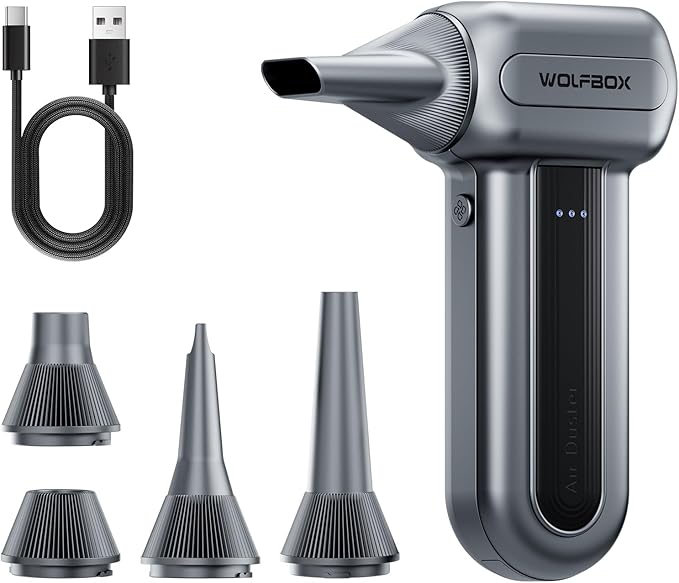 WOLFBOX MF70 Compressed Air Duster-110000 RPM Electric Air Duster with Extended Runtime, 3-Speed Rechargeable Air Blower for Keyboard, Computer, Camera, Car, Home, 5 Nozzles
