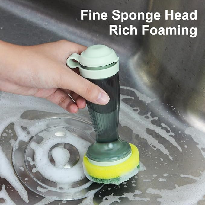 CQT Dish Brush with Soap Dispenser – One-Press Suds, Built-in Scrubbing Pad, Non-Slip Handle for Pots, Pans & Non-Stick Cookware – Includes 2 Refill Heads