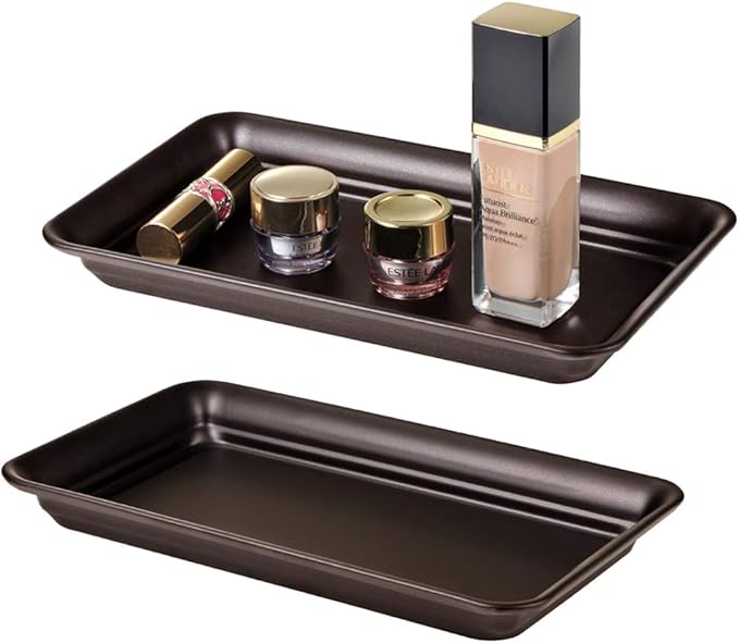 Vintage Farmhouse Decor Metal Vanity Tray(2 Pack),Countertop Guest Hand Towel Storage Organizer Tray Dispenser, Sturdy Holder for Perfume,Cosmetics, Jewelry, Makeup Bathroom Organizer (Bronze)