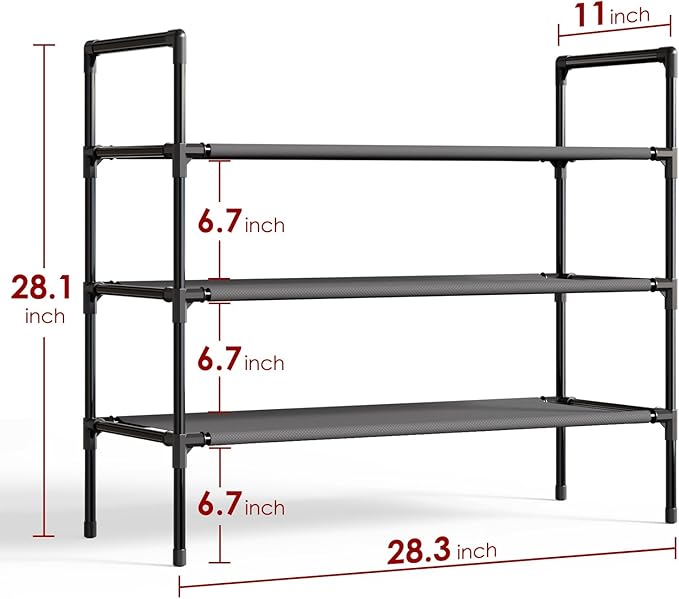 Sakugi Shoe Rack with Non-Woven Fabric - 3-Tier Shoe Organizer for Closet, Garage, Corridor & Entryway, Sturdy and Stackable, X-Large, Black