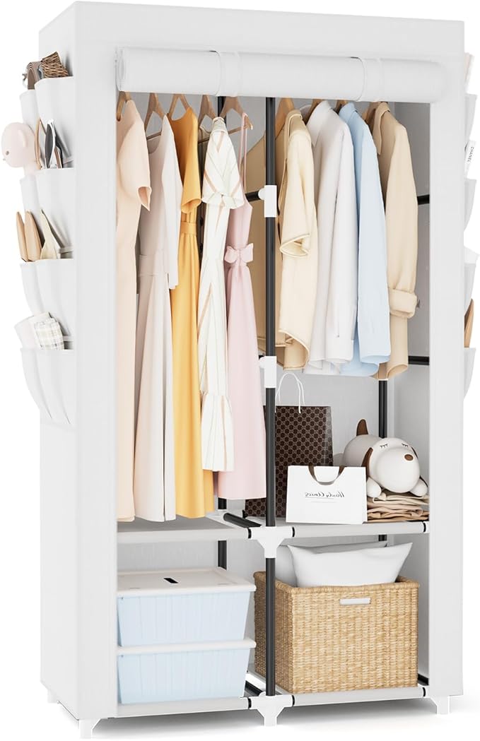 Portable Closet for Hanging Clothes, Portable Wardrobe Closet with Cover, 4 Storage Shelves, 2 Hanging Rods and 8 Side Pockets, Easy Assembly and Sturdy Free Standing Closet for Bedroom, White