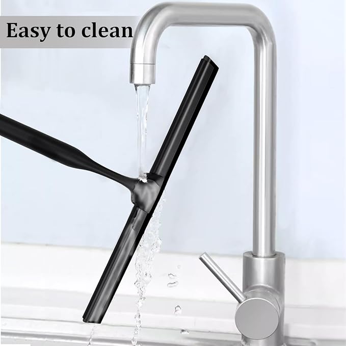 10" Stainless Steel Shower Squeegee for Shower Glass with Adhesive Hook for Cleaning Bathroom Glass Doors Car Window Mirrors and Tile Wall (Matte Black + Hook)