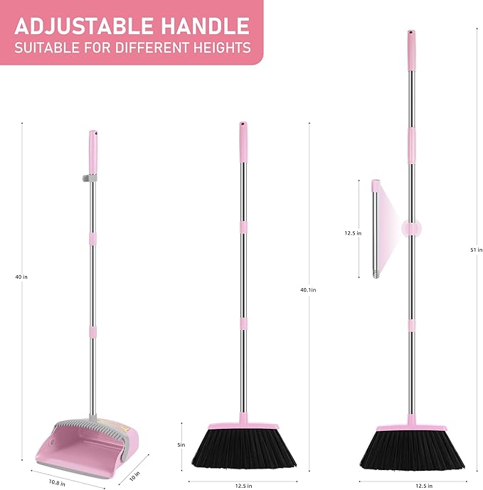 Broom and Dustpan Set, 54” Long Adjustable Household Hand Broom with Dustpan Teeth to Clean Hair Broom with Dustpan Set Heavy Duty to Clean Hair for Home Lobby Office (Pink)