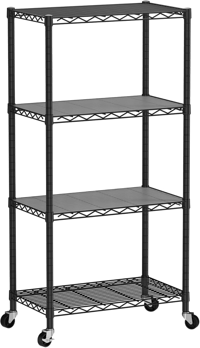 SINGAYE 4 Shelf Storage Wire Shelves Closet Bathroom Organizers Metal Pantry Kitchen Garage Shelving Unit Laundry Room Organization Home Narrow Rack Net Basket with Wheels Black
