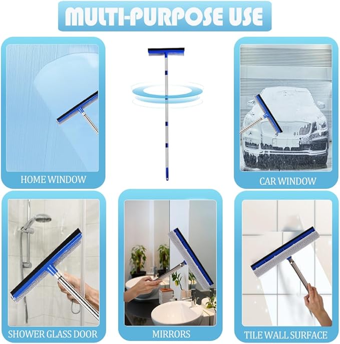 YONILL 72" Squeegee for Cleaning - Long Handle Window Cleaner Tool with Rubber Blade and Sponge Scrubber, 2 in 1 Window Washing Kit with Extension Pole for Home, Car Windshield and Glass