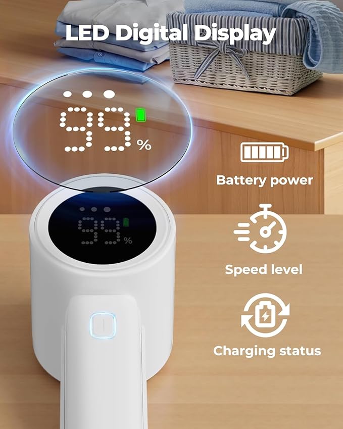 ASNUG Fabric Shaver, Electric Lint Remover, Sweater Shavers to Remove Pilling with 3 Speeds, 6 Leaf Blade, LED Display & Type-C Rechargeable, Removes Fuzz, Pills for Clothes, Couch, Furniture