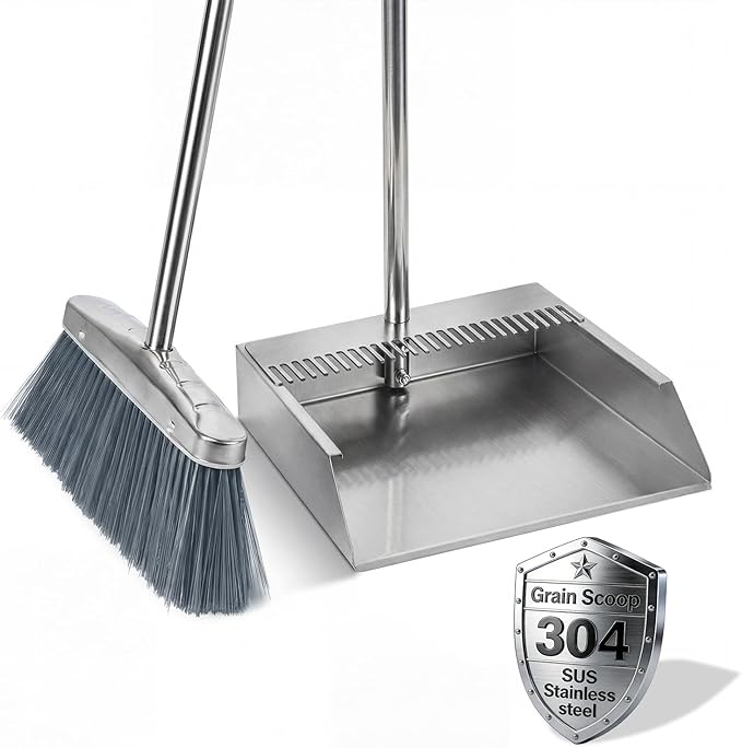 Heavy Duty 304 Stainless Steel Dustpan and Broom Set, Long Handle Self Standing Dust Pan with Wide Mouth Pet Hair Comb Teeth, Indoor Outdoor Cleaning Set for Kitchen Garage Office