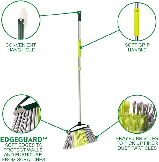 Pine-Sol Indoor Jumbo Broom with Long, Stainless Steel Collapsible Handle for Easy Storage, Heavy Duty Angle Bristles for Wood, Tile, Linoleum, and More - Sweeps Wet or Dry Debris