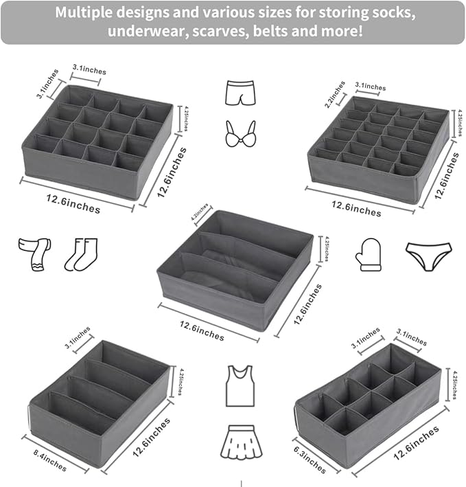Lourome Underwear Organizer, 5 Set Foldable Fabric Underwear Drawer Organizer and Sock Organizer, Drawer Organizers for Clothing, Storage Bins for Underwear, Sock, Bra and Tie